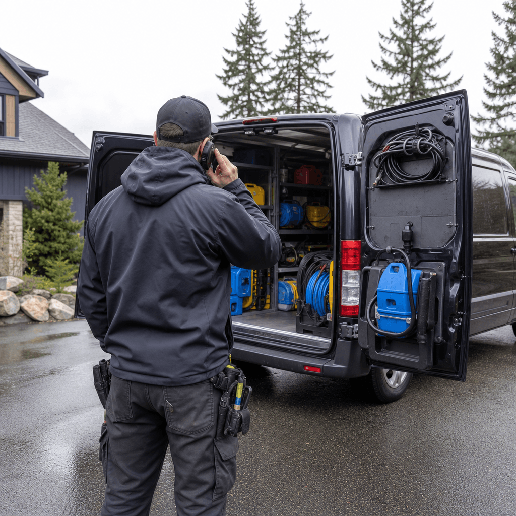 Restoration technician on phone dispatching emergency water damage crew in Burnaby