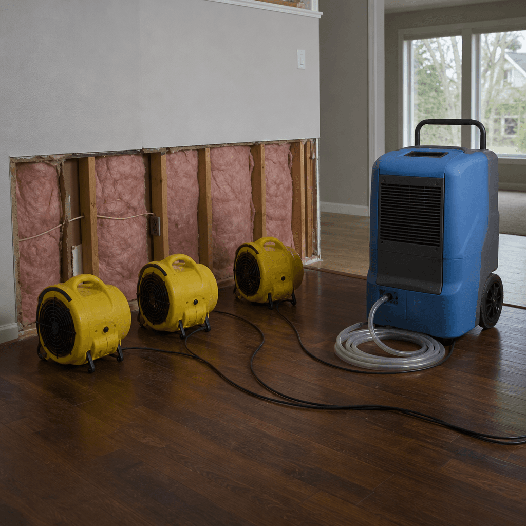 Industrial LGR dehumidifier and air movers deployed for structural drying after water damage in Burnaby